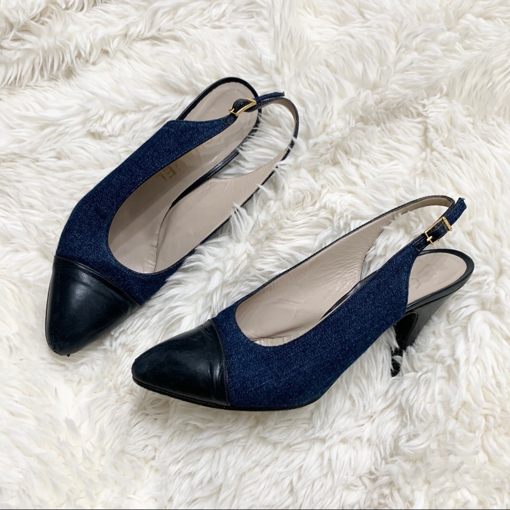 Chanel denim slingback heels